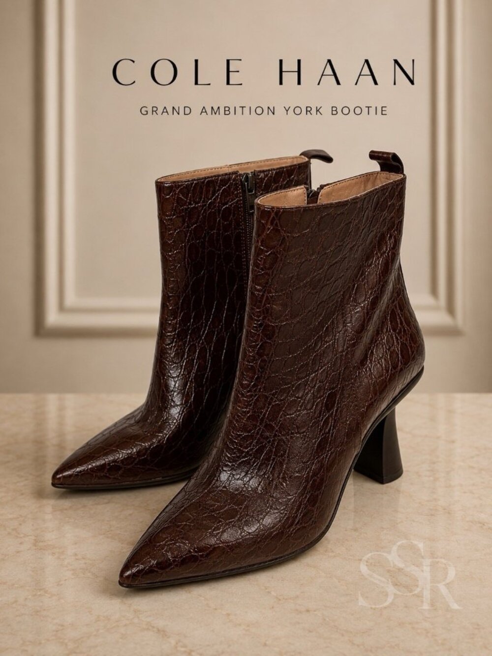Cole Haan Grand Ambition York Bootie Brown Croc Embossed Leather Ankle Boots 8.5